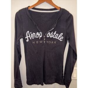 Aeropostale Shirt Womens XL Black Henley Thermal Long Sleeve Logo New York Y2K